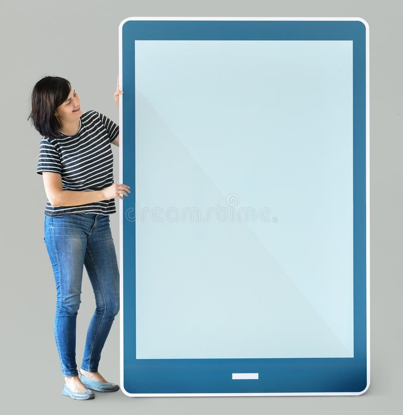 Woman holding a blue tablet mockup stock image