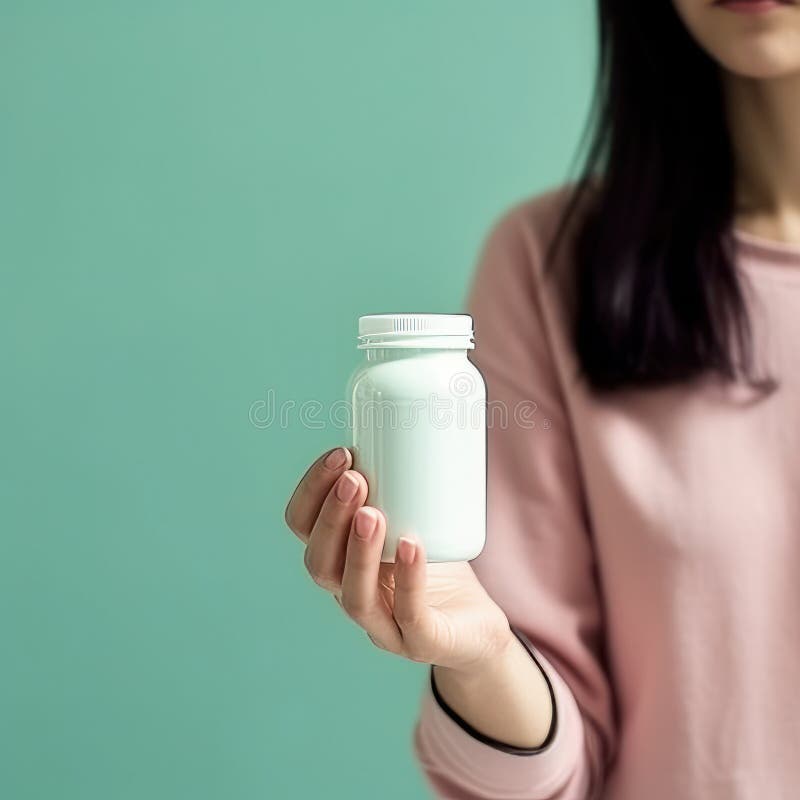 Woman holding a bottle of medication pills or supplements or vitamins. Illustration AI Generative