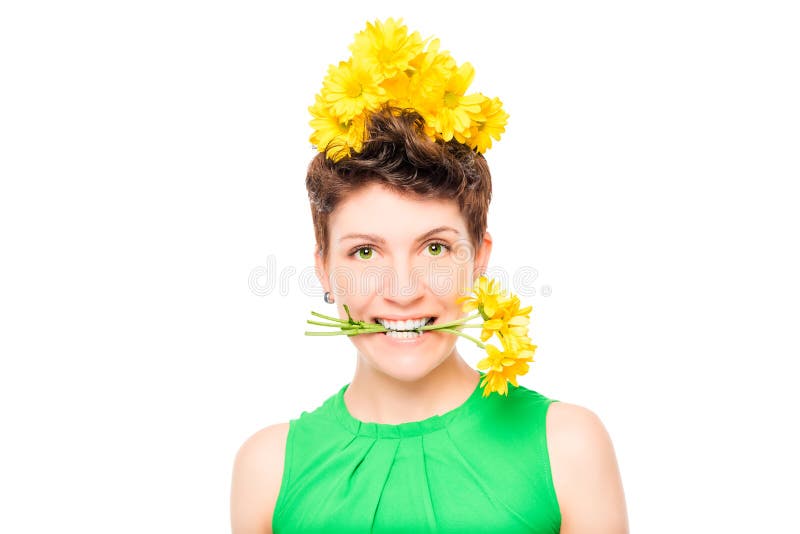 Woman Holding a Bouquet of Flowers in a Teeth Portrait Stock Image ...