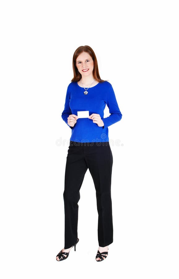 Woman holding business card.