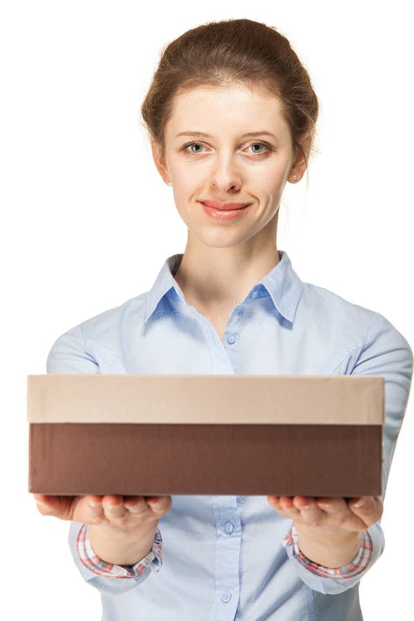Woman Holding a Cardboard Box Stock Image Image of girl, deliver