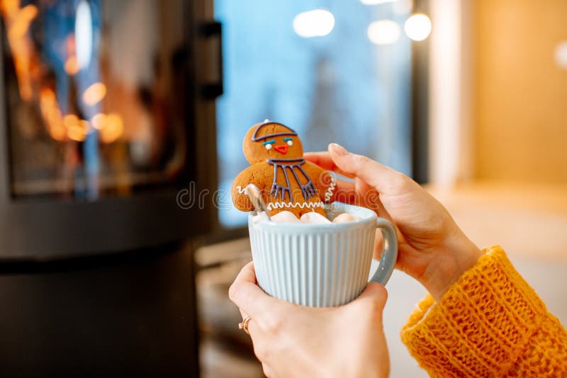 Woman holding christmas gingerbread nnear the fireplace stock image Woman holding christmas gingerbread nnear the fireplace stock image
