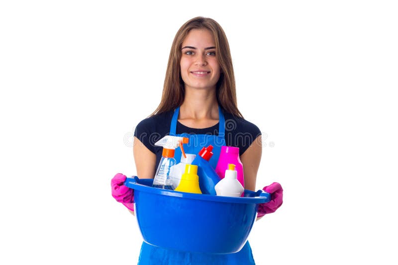 Woman holding cleaning things in washbowl