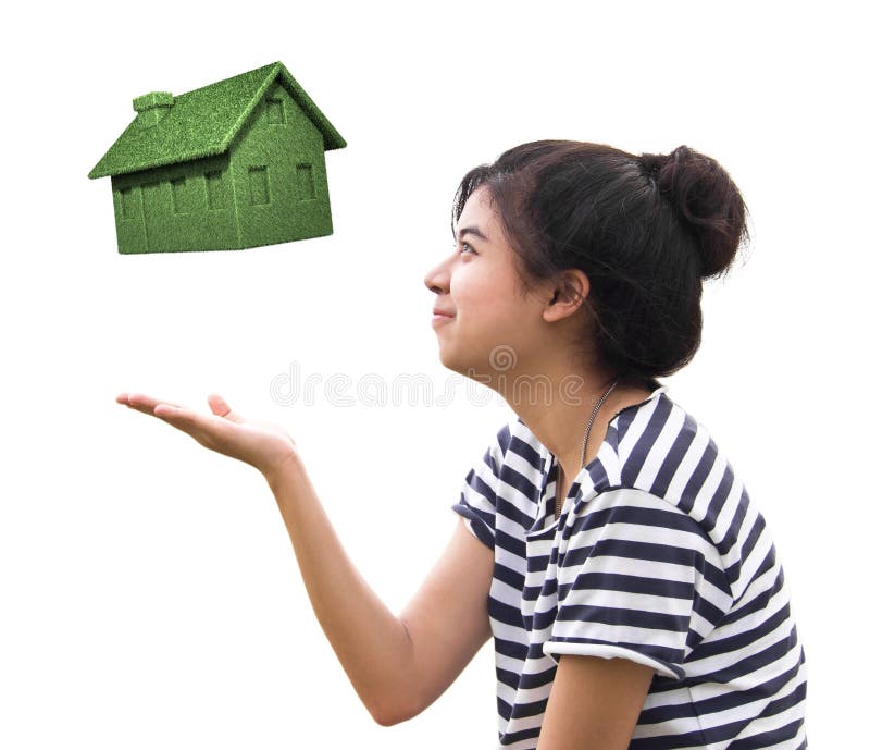 Woman holding eco house,sustainable concept