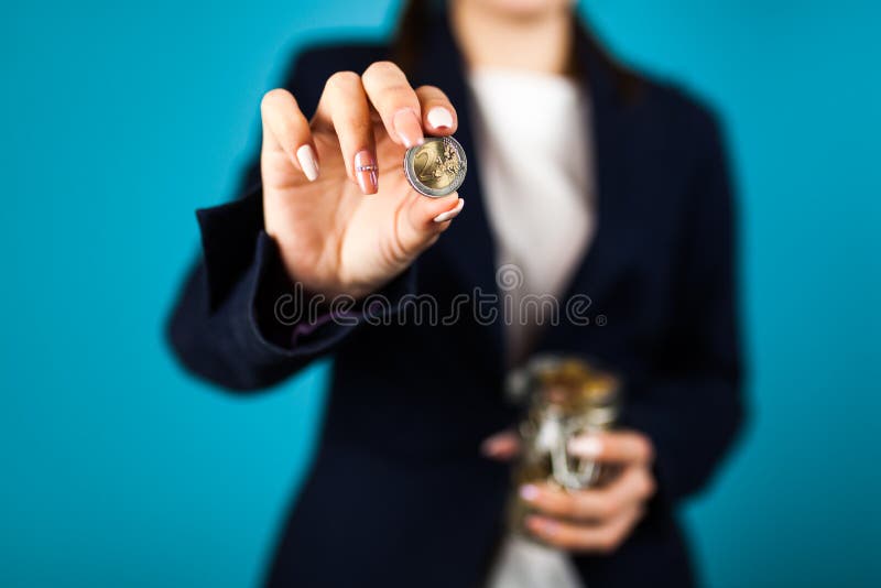 Woman Holding a 2 Euro Coin Stock Image Image of adult, business