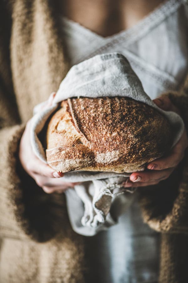 Woman holding healthy rye Swedish bread round loaf in hands. Woman holding freshly baked healthy rye Swedish bread round loaf in hands, selective focus stock image Woman holding healthy rye Swedish bread round loaf in hands. Woman holding freshly baked healthy rye Swedish bread round loaf in hands, selective focus stock image