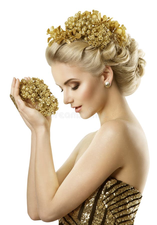 Woman Holding Golden Flowers Jewelry, Young Fashion Girl Dreams, White