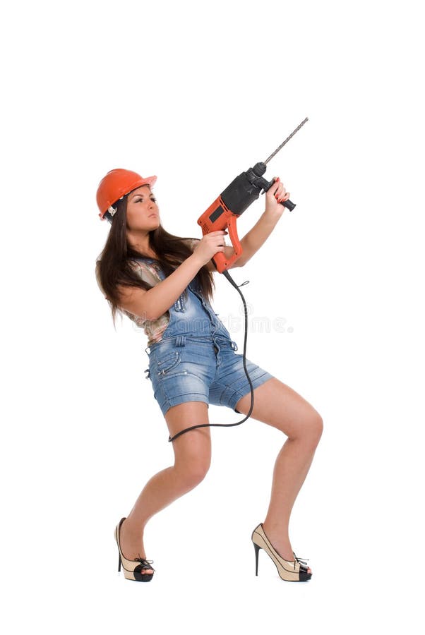 Woman holding hammer drill stock photo. Image of playful 11099448