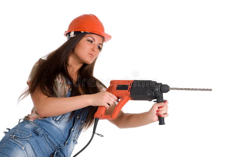 Woman holding hammer drill stock image. Image of white 11099457