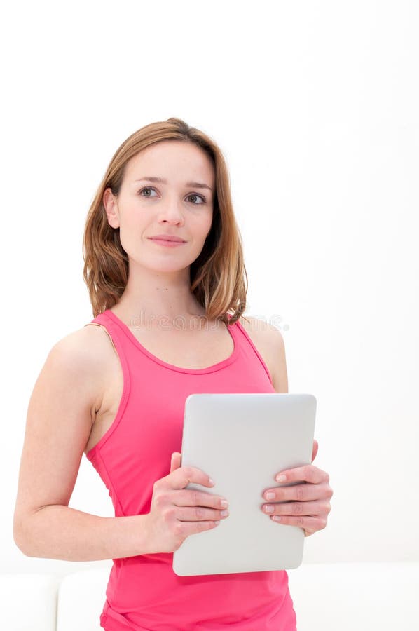 Woman Holding in Hand a Tablet Touch Pad Stock Photo Image of care