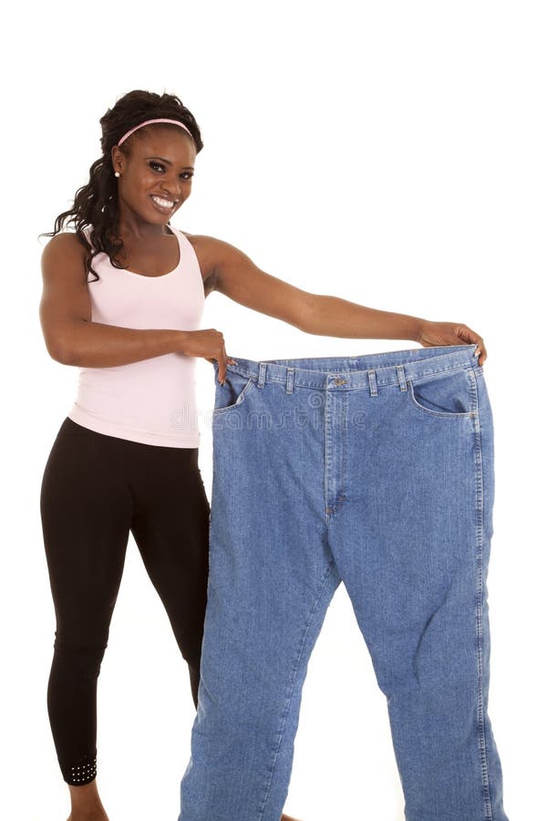 Woman holding huge pants