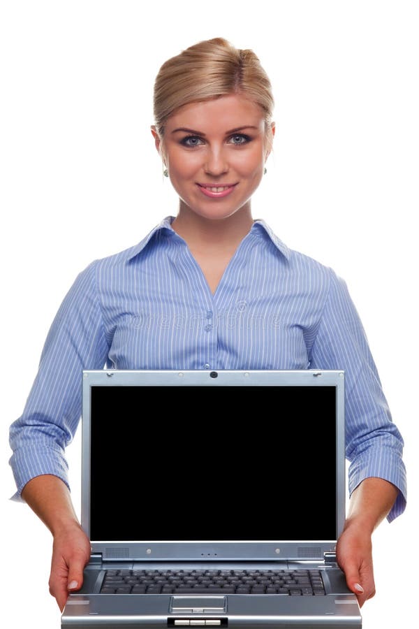 Woman holding a laptop with blank screen