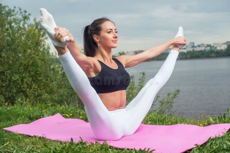 Woman Holding Legs Apart Doing Exercises Aerobics Warming Up With