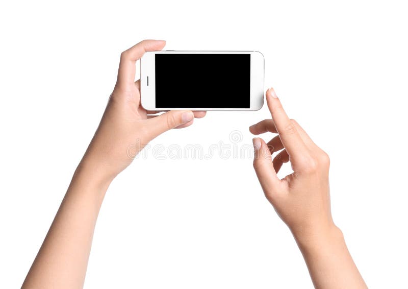 Woman holding mobile phone with blank screen in hands on white background royalty free stock images Woman holding mobile phone with blank screen in hands on white background royalty free stock images