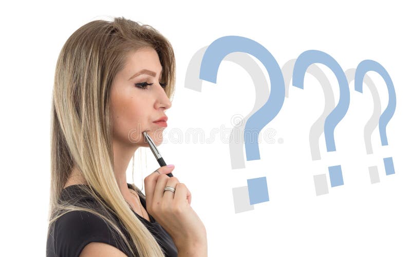Woman is holding a pen and thinking. Profile. Concept of planning. Beautiful and blonde person is wearing black dress. . White background. Woman is holding a pen and thinking. Profile. Concept of planning. Beautiful and blonde person is wearing black dress. . White background.
