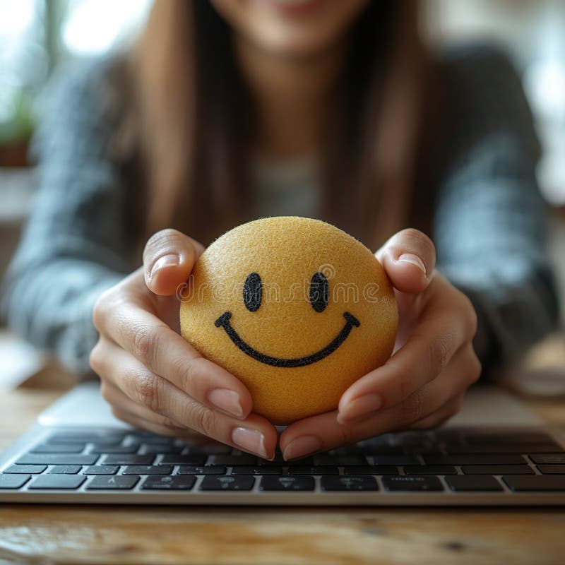Woman holding smiley face, office setting, positive emotion, keyboard in background royalty free illustration