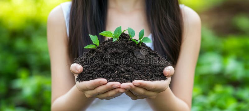 Woman Holding Soil With Plants In Hands, Concept Protecting Nature Environment World Earth Day stock illustration