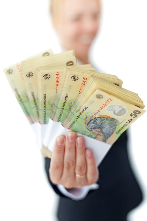 Woman holding stacks of romanian currency royalty free stock images