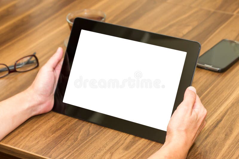 Woman Holding Tablet with Blank Screen Stock Photo Image of device, pushing 50015200