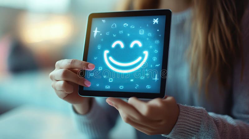 Woman holding tablet, smiling face, home office, positive feedback stock illustration
