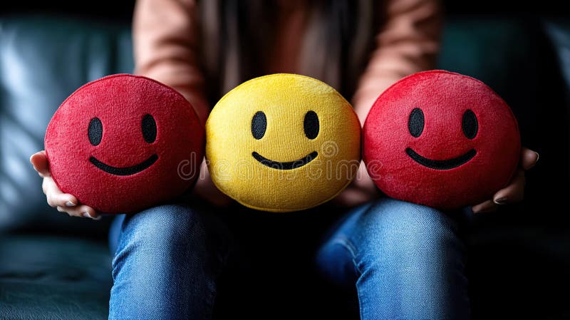 Woman holding three emoji pillows on couch, representing positive feedback royalty free illustration