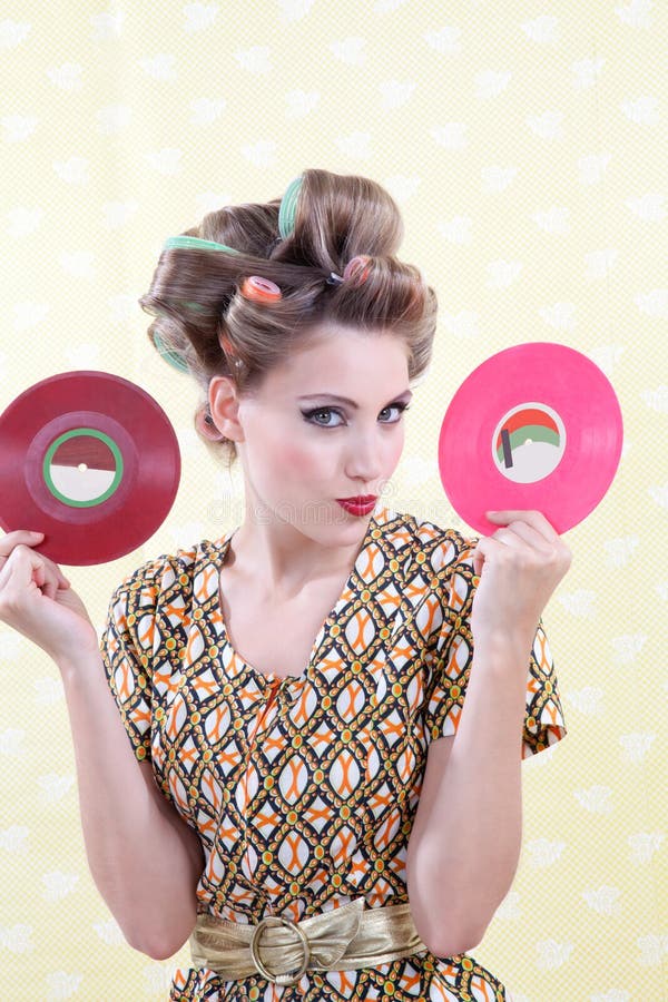 Pin Up Music Girl Holding Vinyl Record Lp Stock Image Image Of