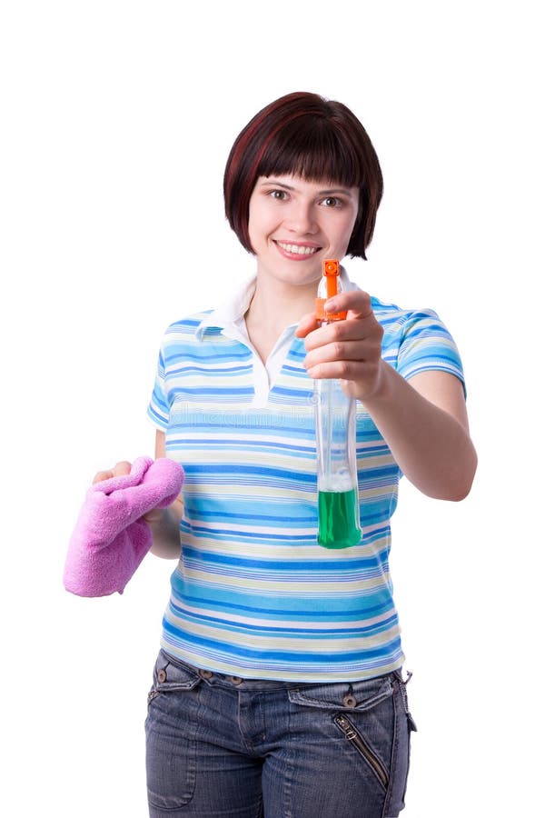 Woman holding wIndow cleaner and a rag.