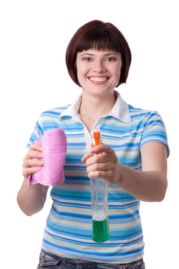 Woman holding wIndow cleaner and a rag.