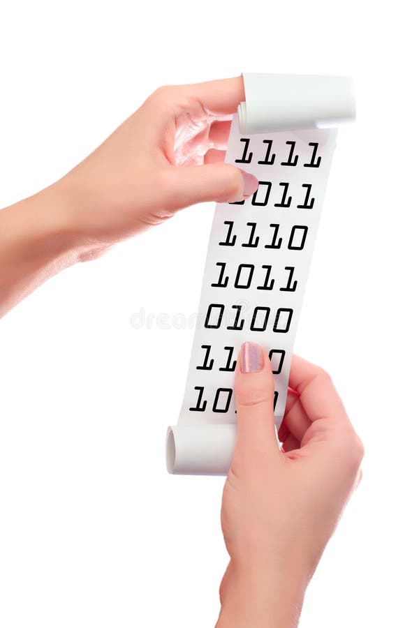 Woman Holds in Her Hands Roll of Paper With Printed Receipt. Binary digits. Hacking royalty free stock images