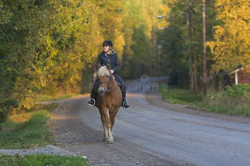 Woman horseback riding in sunset