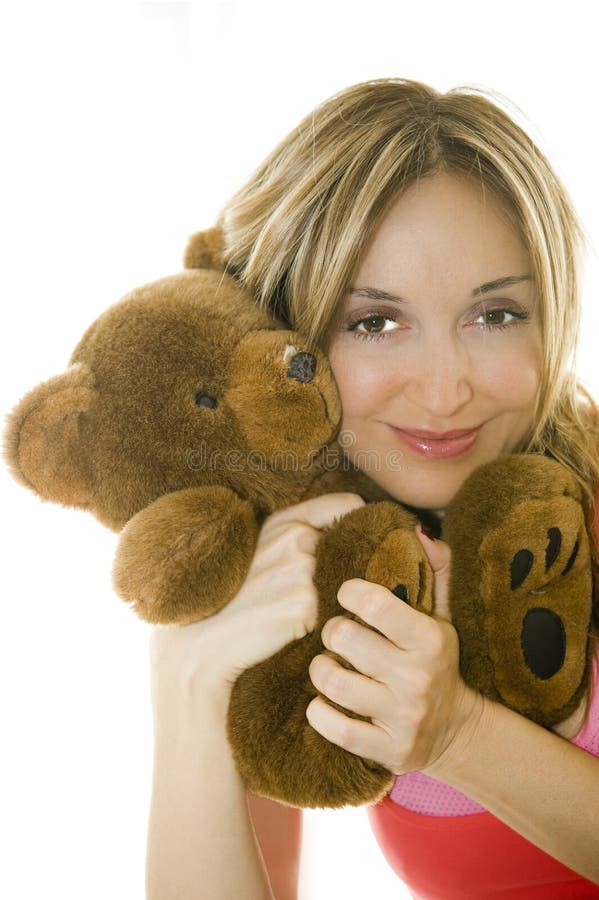 Woman Hugging A Teddy Bear, Isolated Stock Photo - Image of hair