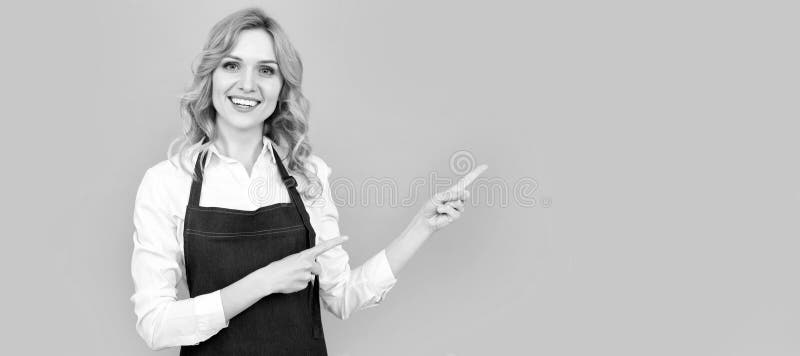 Woman isolated face portrait, banner with mock up copy space. housewife express happiness. positive emotions. portrait stock photo