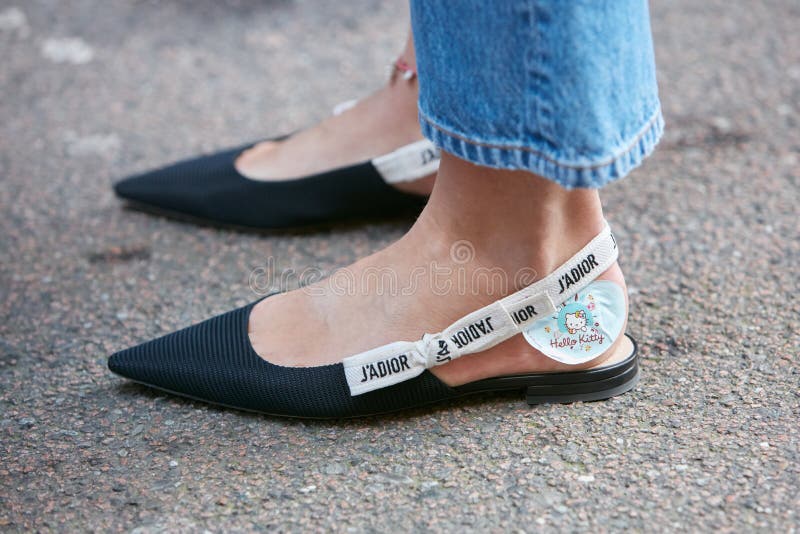 Woman with J`Adior Dior Shoes and Hello Kitty Patch before Blumarine  Fashion Show, Milan Fashion Week Street Editorial Photo - Image of outdoor,  bare: 195184616