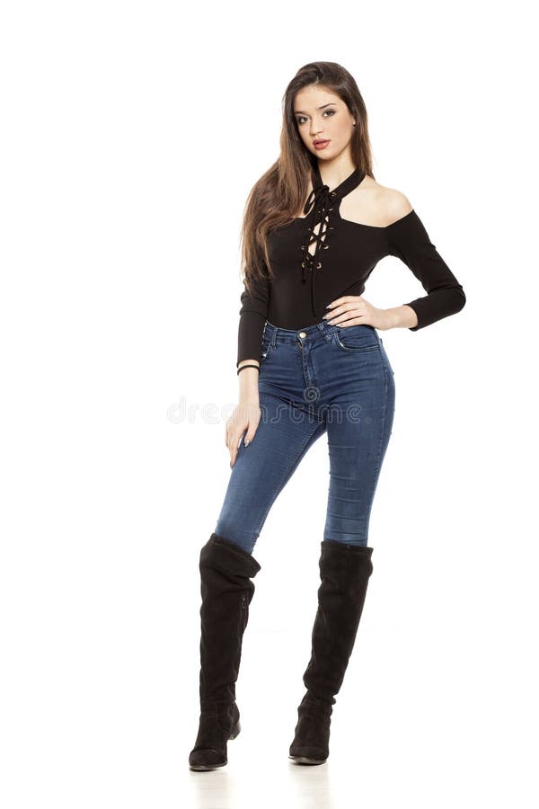 Woman in Jeans Rises Her Buttocks Wit Her Hands Stock Image - Image of ...