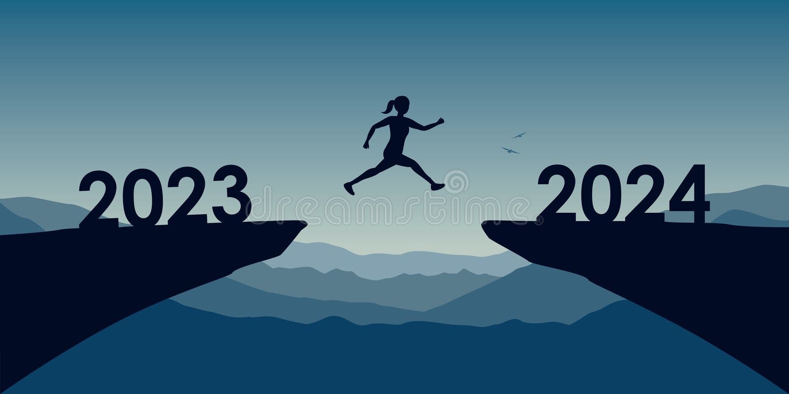 Woman Jumping Over a Cliff from 2023 To 2024 Happy New Year Stock