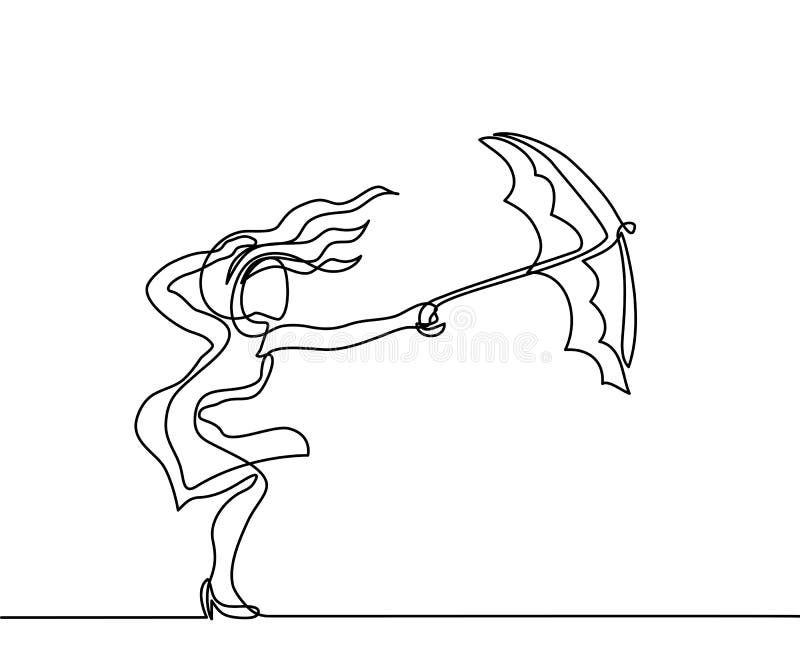 Woman keeping umbrella from wind weather. Continuous line drawing. Vector illustration.