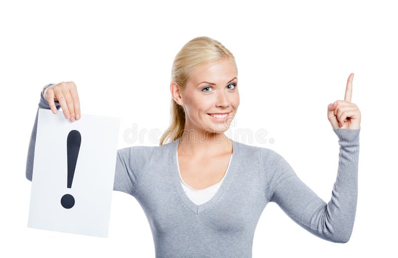 Woman keeps paper with exclamation mark royalty free stock photos