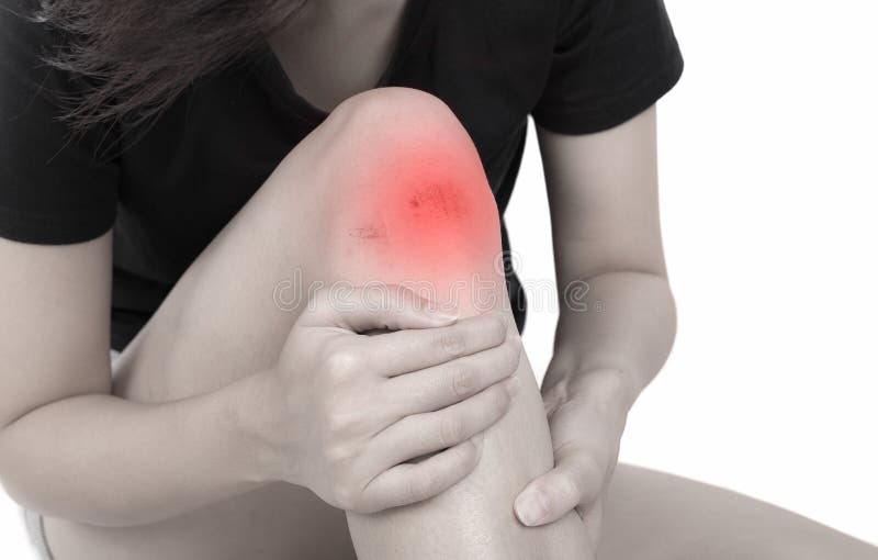 Woman with knee feeling pain on white background. stock photos Woman with knee feeling pain on white background. stock photos