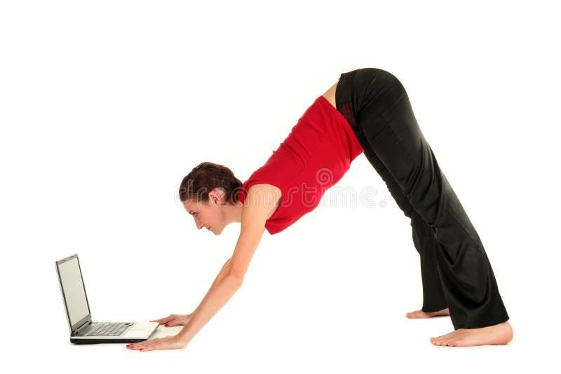 Woman with laptop doing yoga