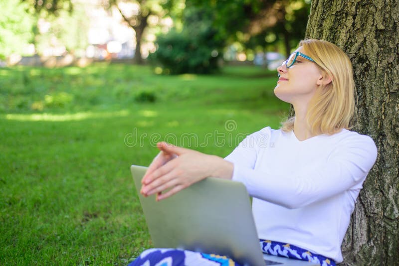 Woman laptop park study online. Girl sit grass with notebook. Girl take advantage virtual education. Take minute to find.