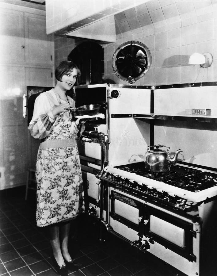 Woman with Large Stove Holding Pan Stock Image Image of females