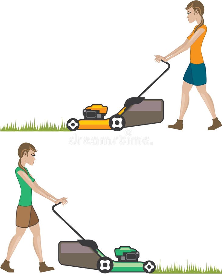 Woman with lawnmower stock illustration.