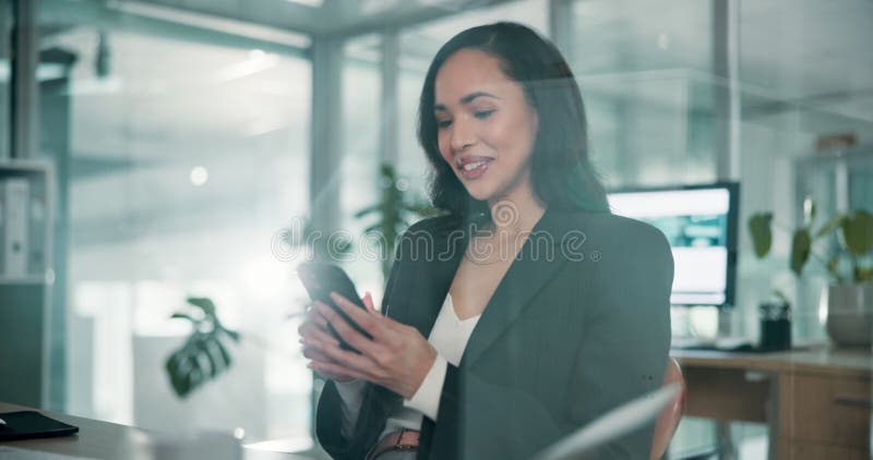 Woman, lawyer and happy with phone at office, texting and notification for sustainability law update. Person, smartphone stock video footage