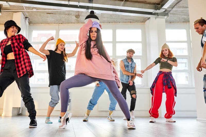 Dance Class. Young Woman Learning Hip-hop Choreography with Her ...