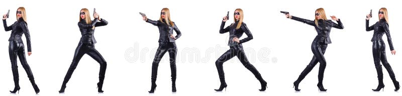 The woman in leather costume with gun isolated on white. Criminal, montage.