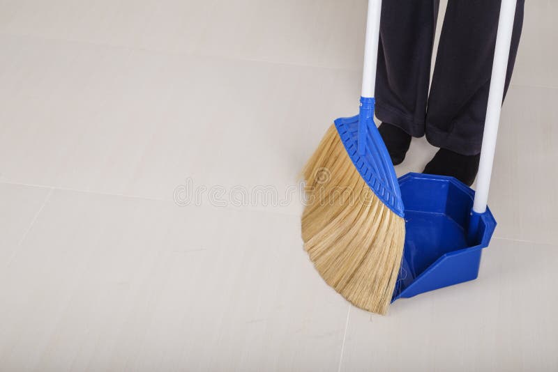 Woman Legs with Broom and Dustpan Sweeping Floor Stock Photo Image of