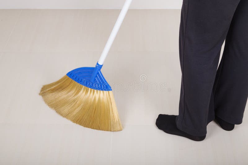 Woman Legs with Broom Sweeping Floor Stock Image Image of cleanup