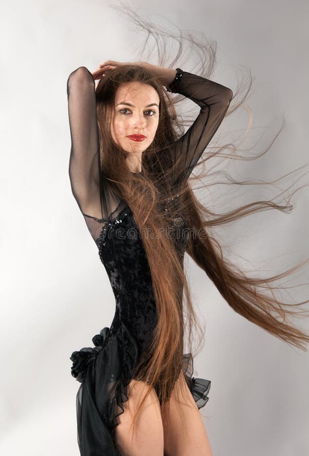 Woman in Leotard With Long Blowing Hair