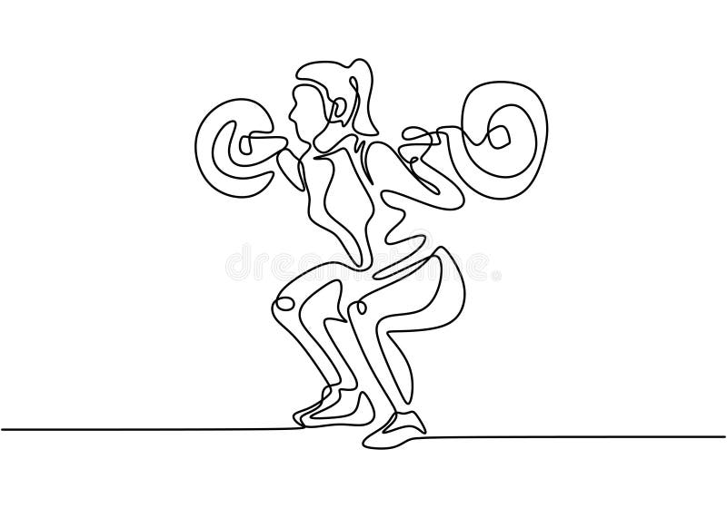 Woman lifting weights continuous one line drawing. Gym training illustration. Female bodybuilder vector hand drawn silhouette