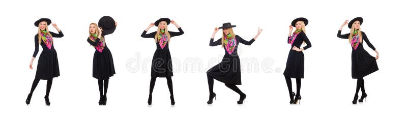 Woman in long black dress isolated on white stock photography Woman in long black dress isolated on white stock photography